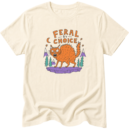 An natural ringspun cotton short-sleeve t-shirt with a graphic print of an orange cat under the text 'FERAL BY CHOICE' and a purple mountain range.neilikha