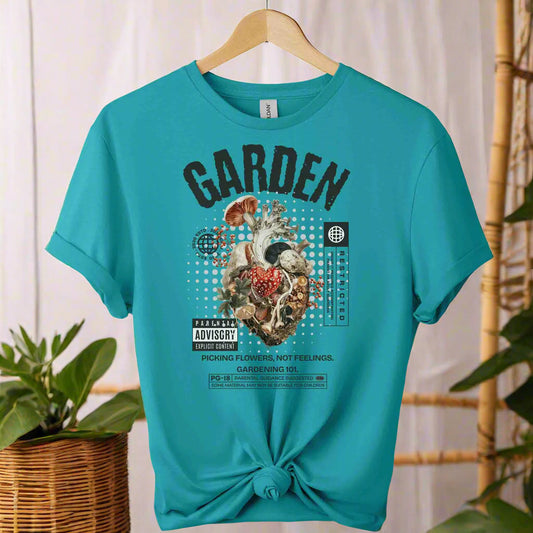 T-shirts with heart plants graphic front design and garden typography boho style retro vintage design with color Tropical_blue_