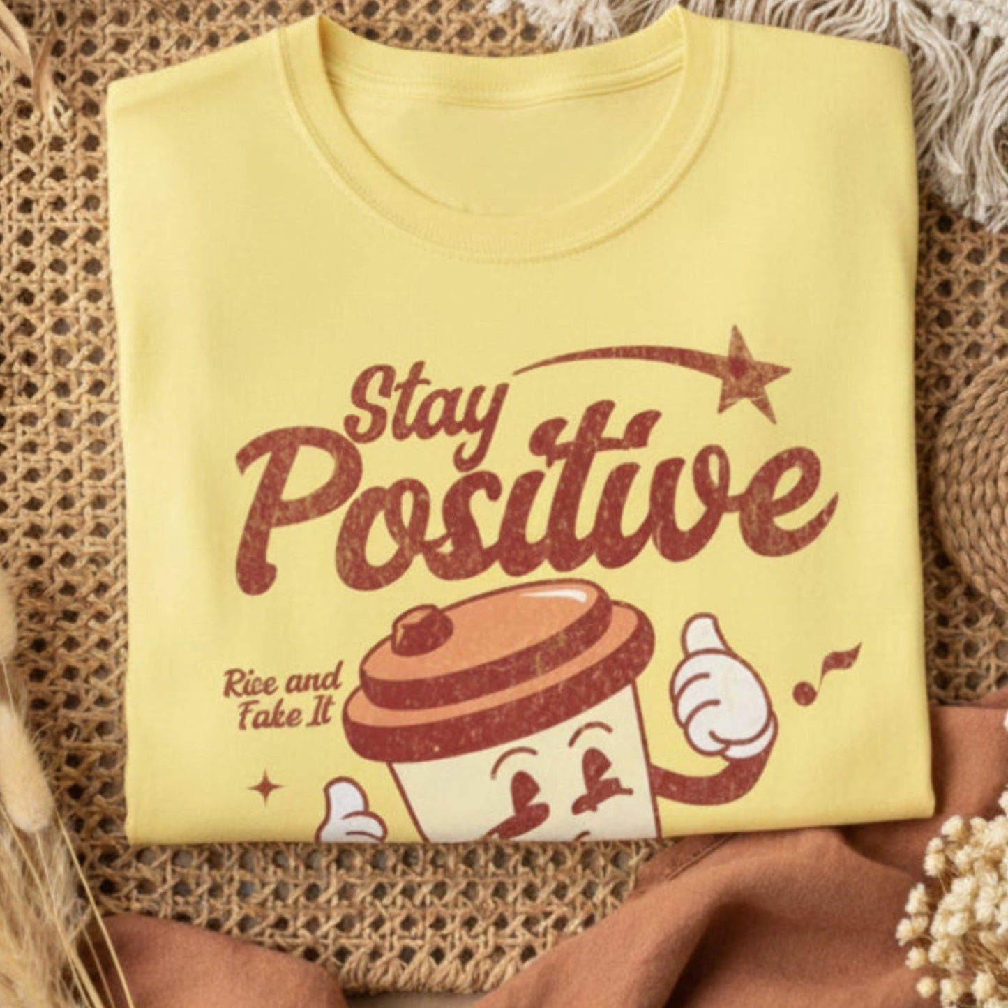 folded cornsilk t-shirt with 'Stay Positive' text and coffee graphic design on a boho theme background