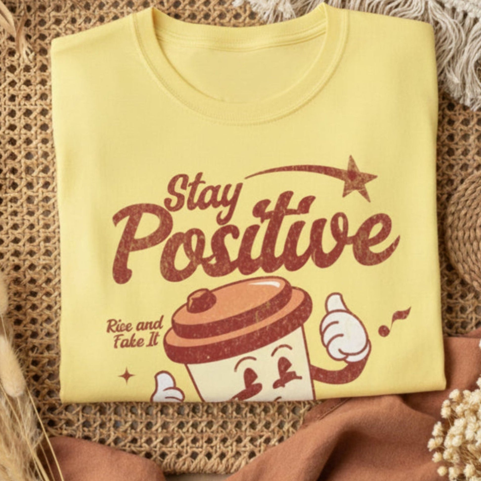 folded cornsilk t-shirt with 'Stay Positive' text and coffee graphic design on a boho theme background