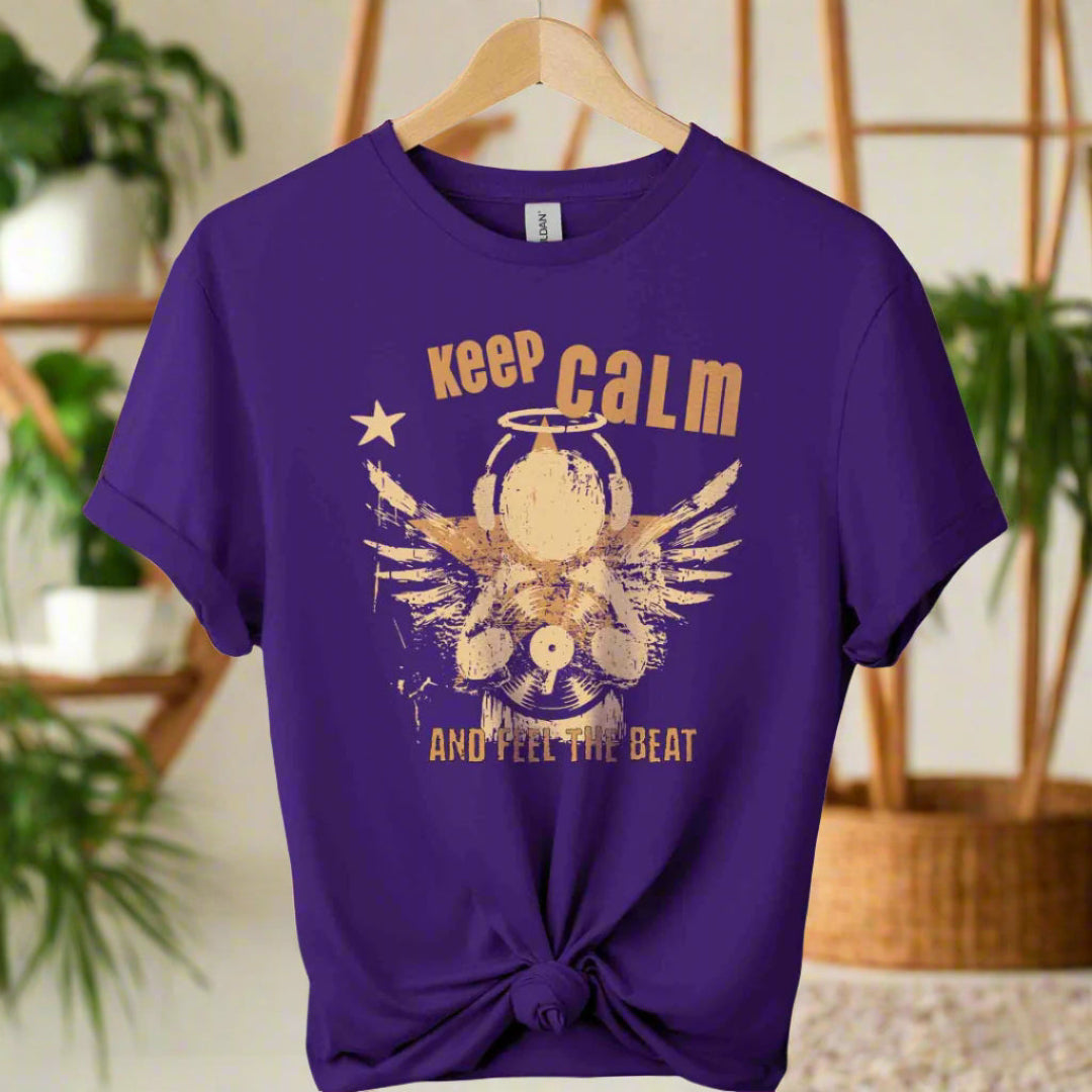 Unisex t shirts color purple front design typography "Keep calm" and feel the beat and angel with holding classic vinyl tape. 
