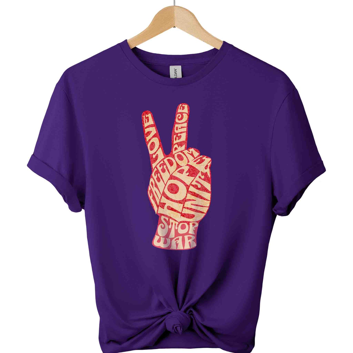 Stop war t-shirt with peace hand sign and freedom hope unite typography shirts color  purple