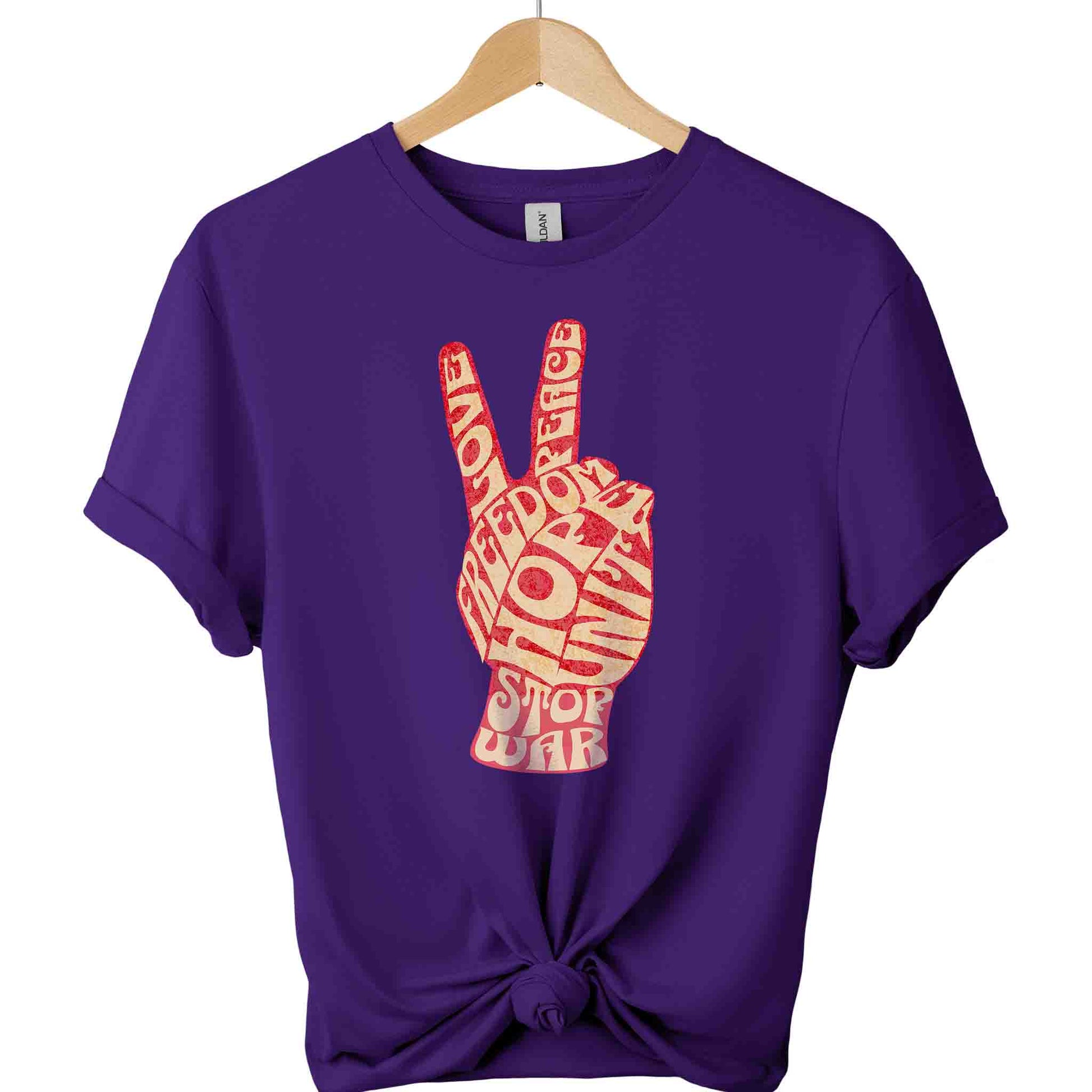Stop war t-shirt with peace hand sign and freedom hope unite typography shirts color  purple