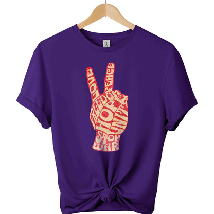 Stop war t-shirt with peace hand sign and freedom hope unite typography shirts color  purple