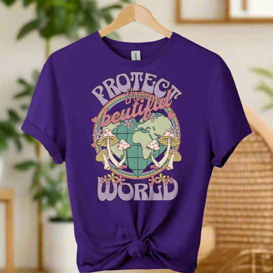 T-shirt front with purple and graphic world design ,typography that saying protect the world boho inspired for adults 