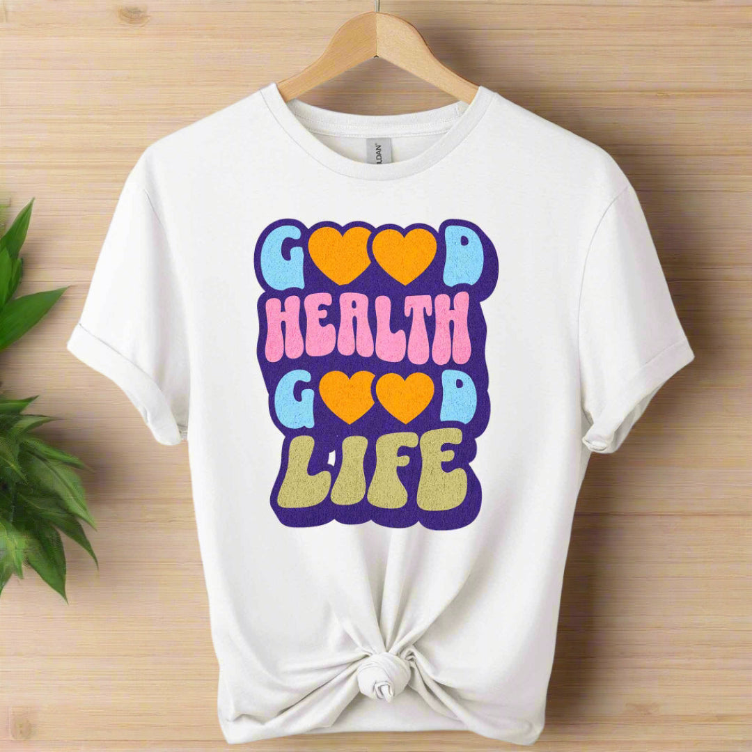 Front T-shirt with Good health typography Graphic tees top shirts with the color of white