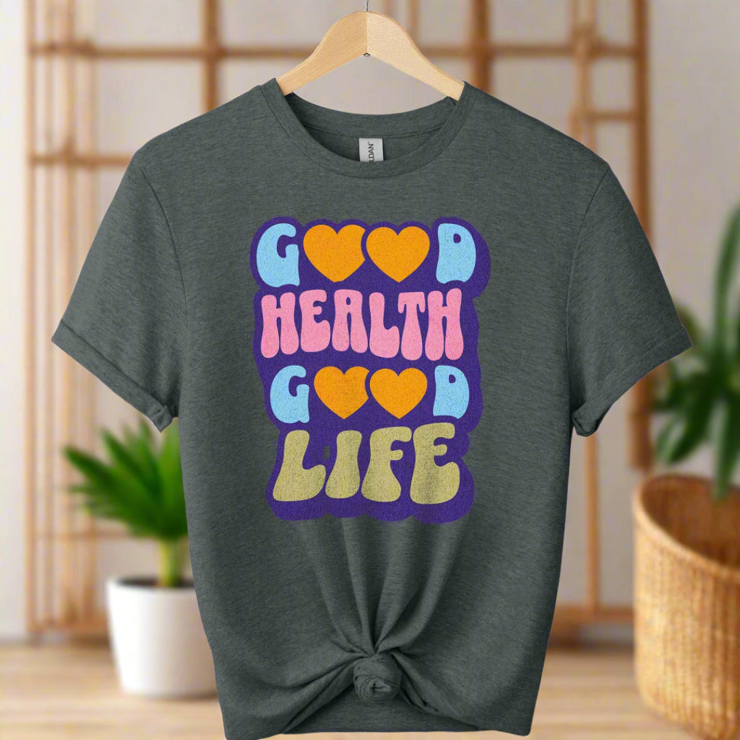 Front T-shirt with Good health typography Graphic tees top retro shirts with the color of Dark Heather