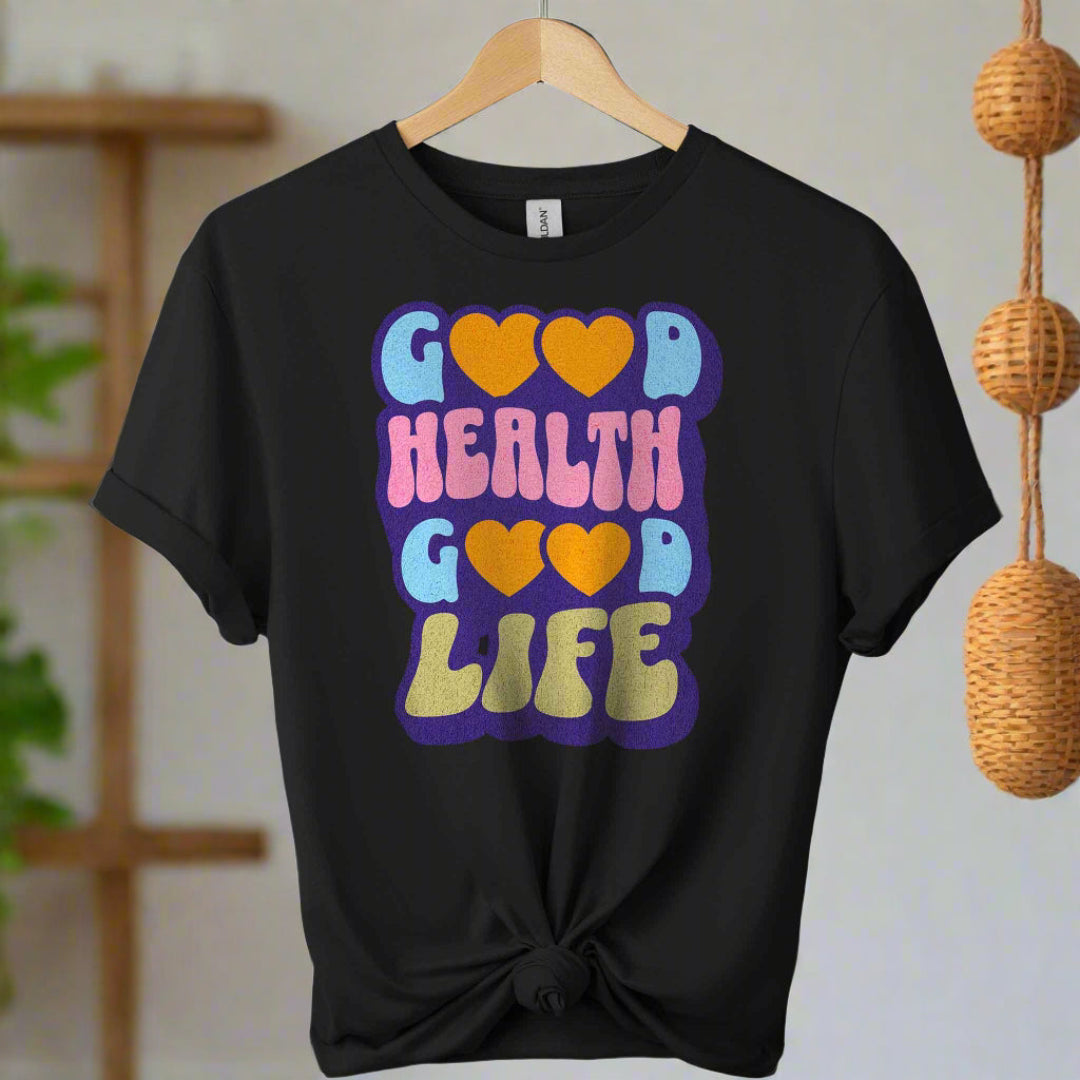 Front T-shirt with Good health typography Graphic tees top retro shirts design with the color of black
