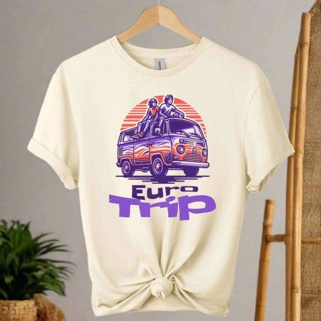 Retro van Car Front Graphic design  and Eurotrip typography with the color  natural