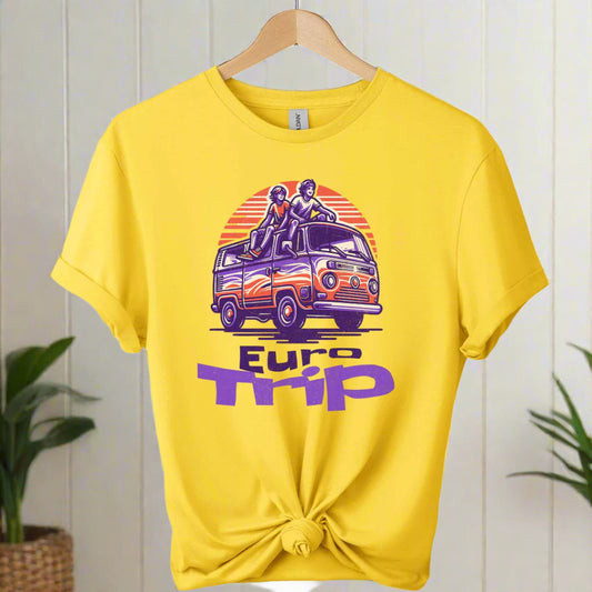 Retro van Car Front Graphic design  and Eurotrip typography with the color daisy