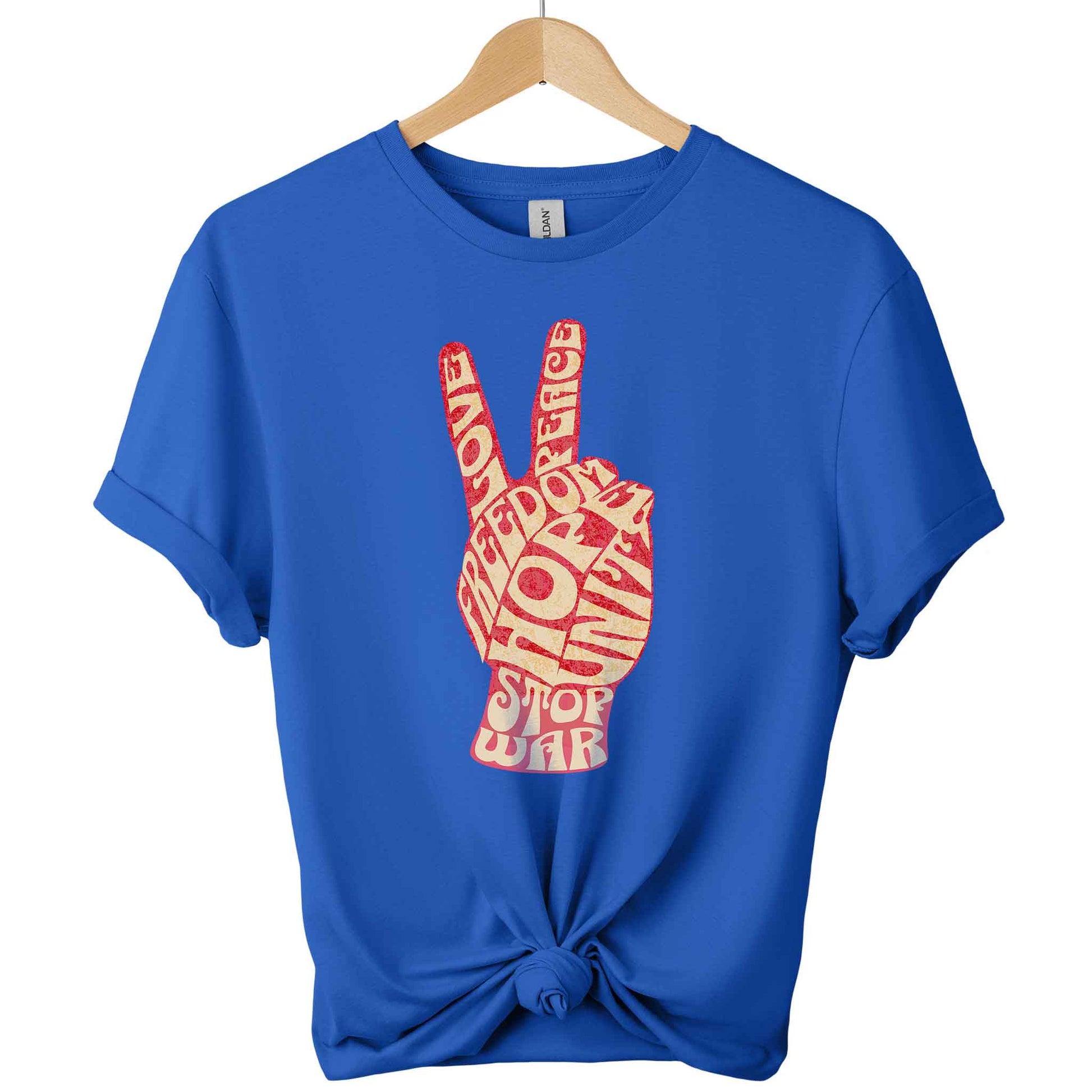 Motivational Stop war t-shirt with peace hand sign and freedom hope unite typography shirts color royal blue