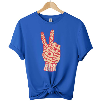 Motivational Stop war t-shirt with peace hand sign and freedom hope unite typography shirts color royal blue