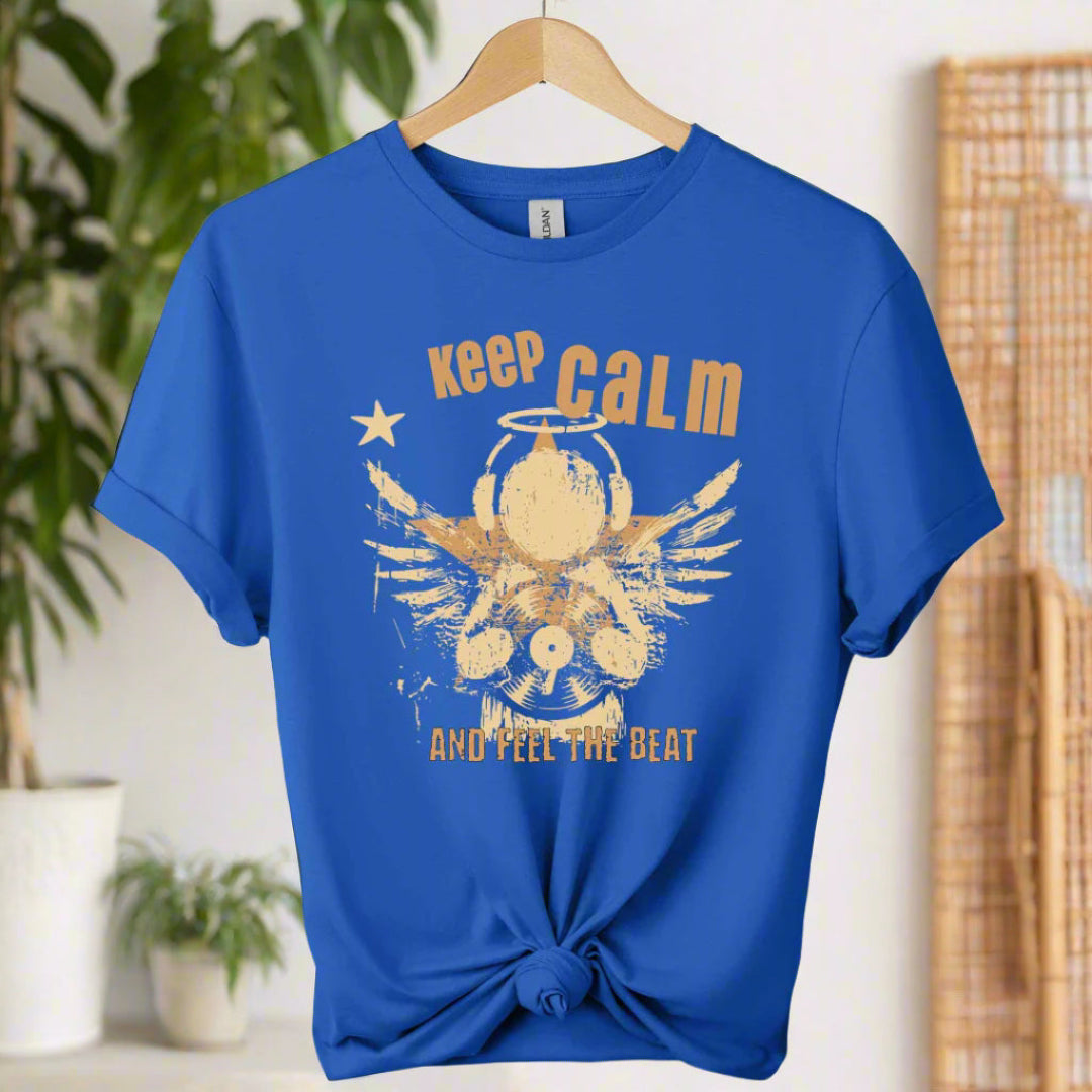 Unisex t shirts color royal blue front design typography "Keep calm" and feel the beat and angel with holding classic vinyl tape. 