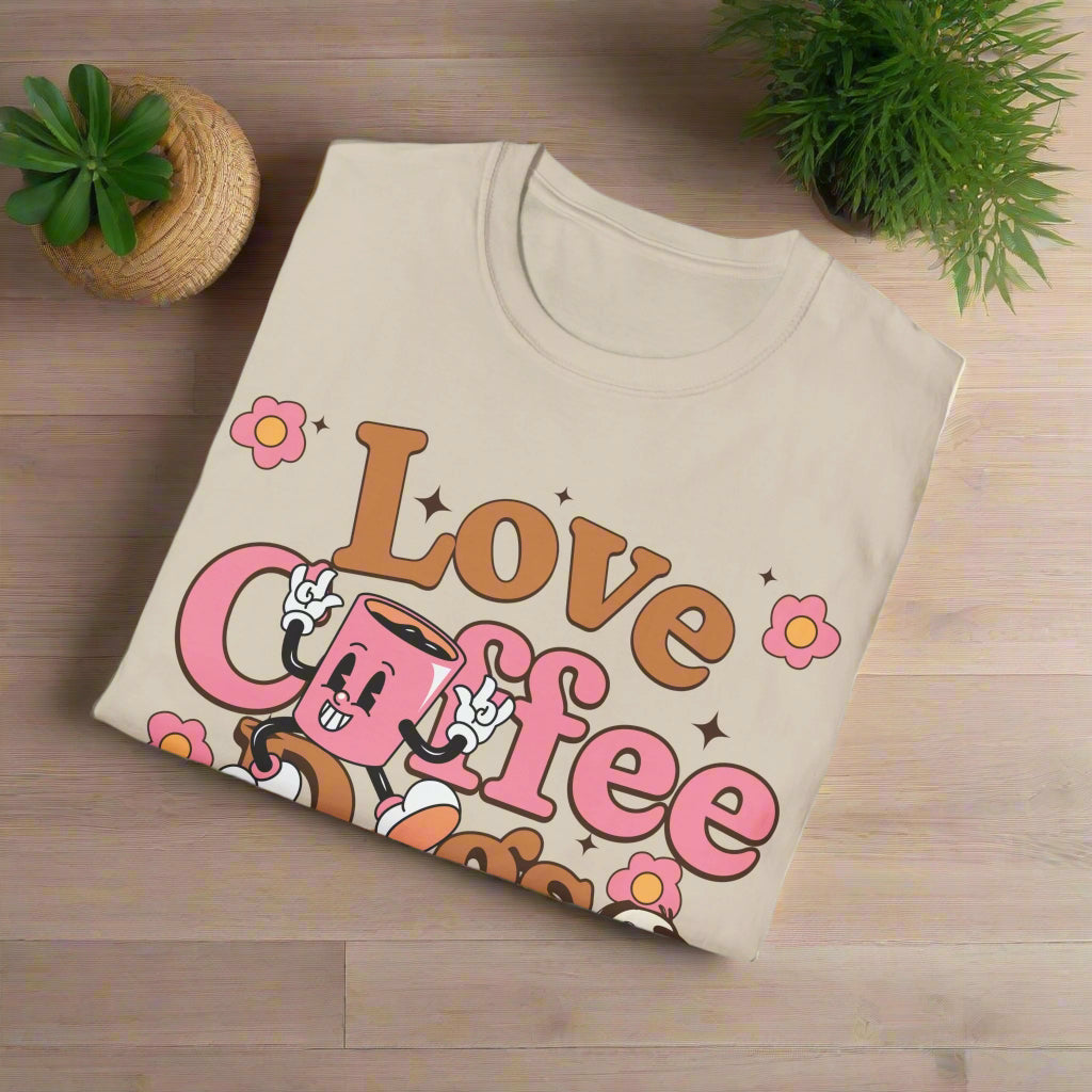 Sand t-shirt with 'Love Coffee' graphic design on a white background