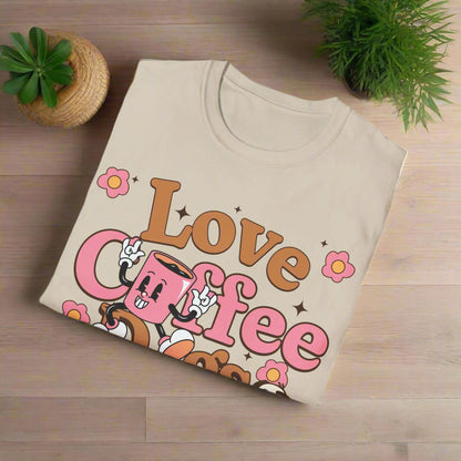 Sand t-shirt with 'Love Coffee' graphic design on a white background