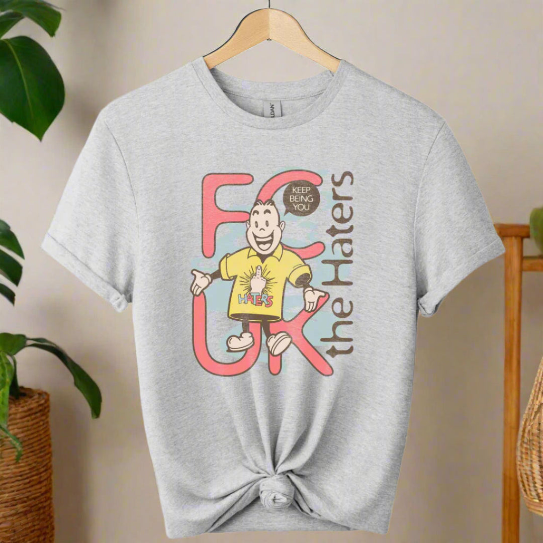 Boho t-shirts  design with cartoon graphic shirts and typography haters ,unisex color sports grey