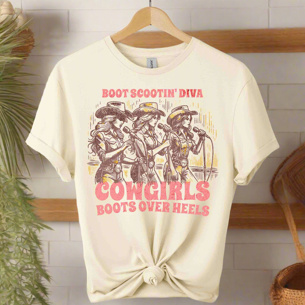 Gildan soft premium Scooting diva Cowgirl singing front design graphic tees unisex color natural