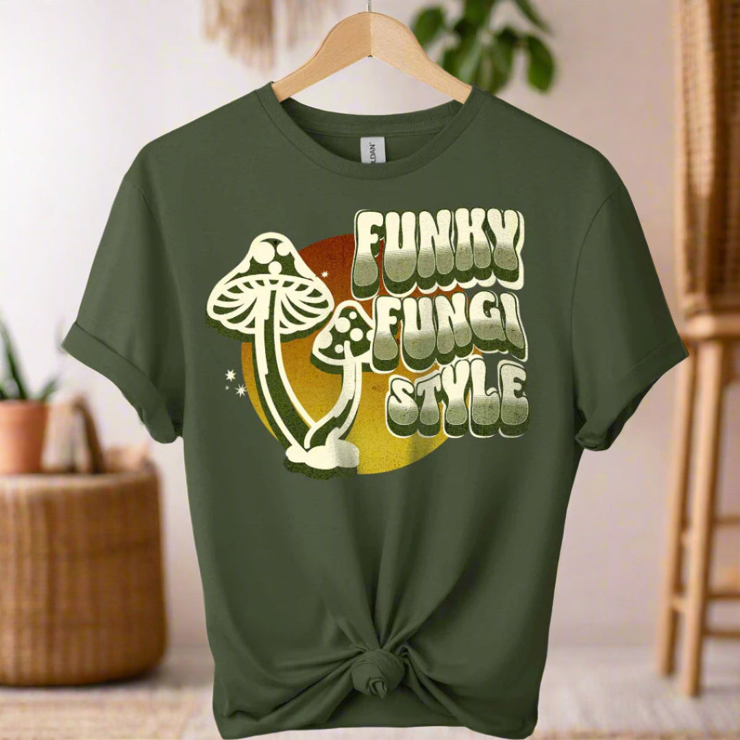 Graphic tees with fungi design and typography funky mushroom style boho style retro vintage color military green