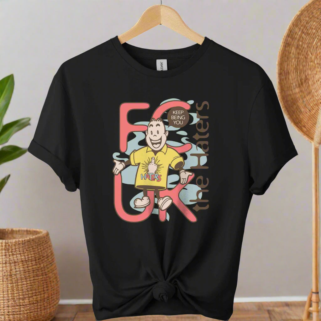 Boho t-shirts  design with cartoon graphic shirts and typography haters ,unisex color black