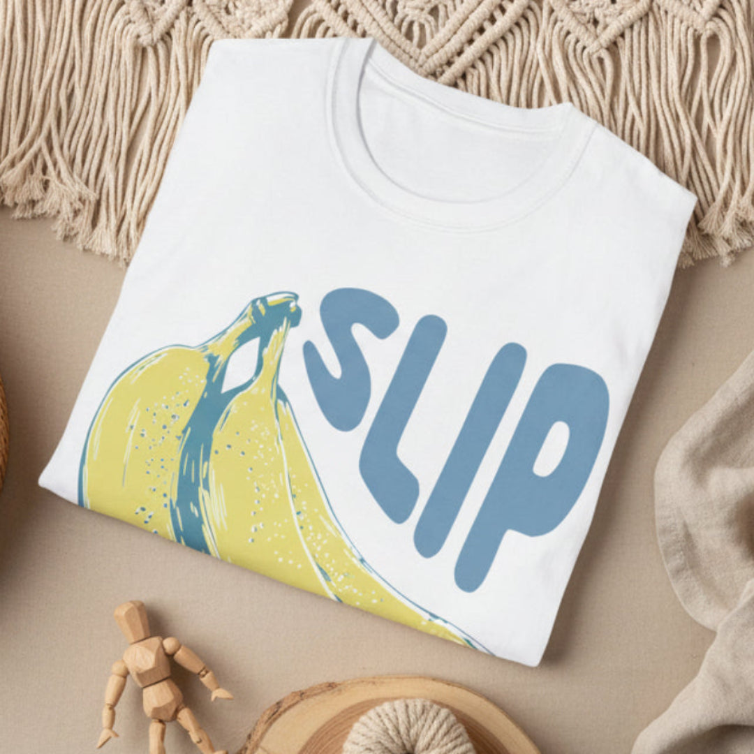 White t-shirt with a banana graphic and 'SLIP' text on a white background