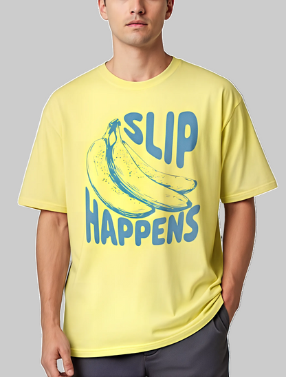 Person wearing a daisy t-shirt with 'SLIP HAPPENS' and banana graphic.