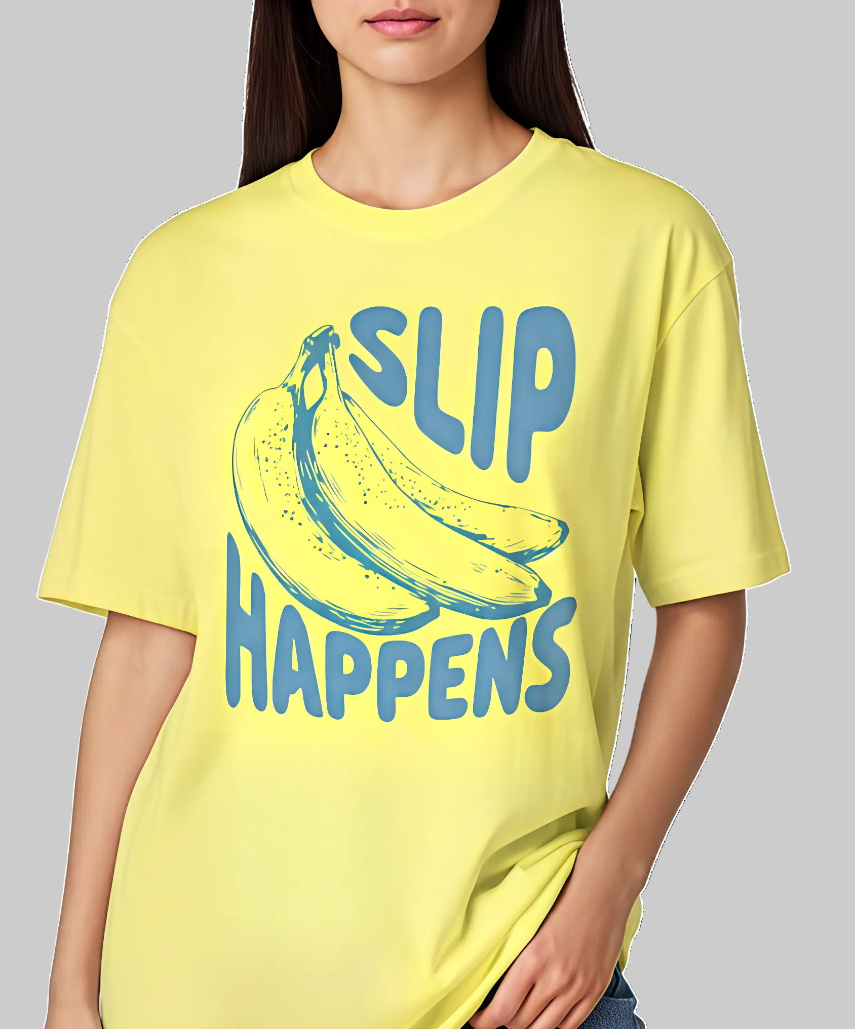 Person wearing dasiy t-shirt with a banana graphic and text 'SLIP HAPPENS' on a white background