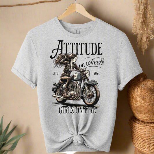 Attitude on wheels t-shirts top clothes,shirts,front view shirts motorcycle riding a women graphic tees color sports grey