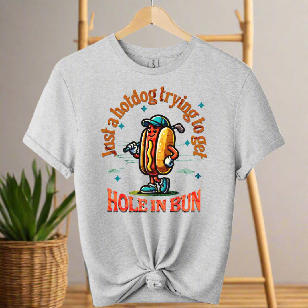 Color sport grey shirt ,Unisex T-shirts front with hotdog sandwich  cartoons design and typography just a hotdog trying to get Hole in bun 