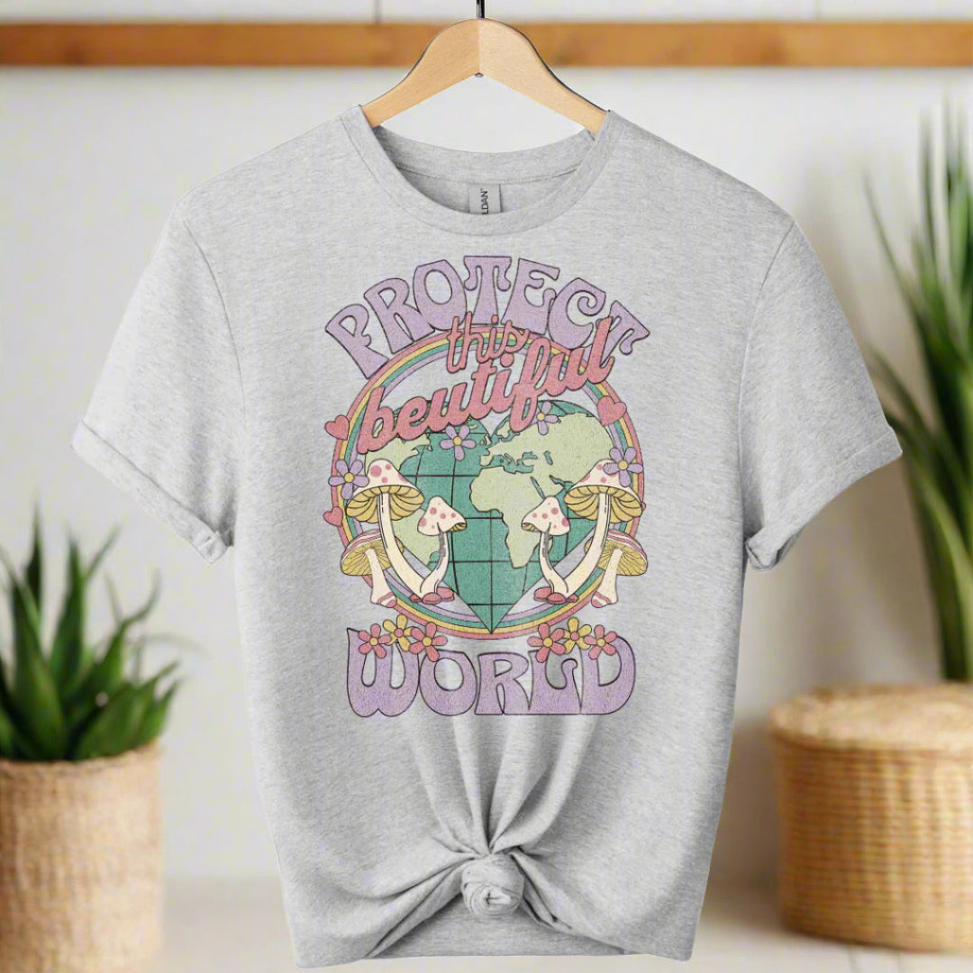T-shirt front with color sport grey and graphic world design ,typography that saying protect the world boho inspired for adults 
