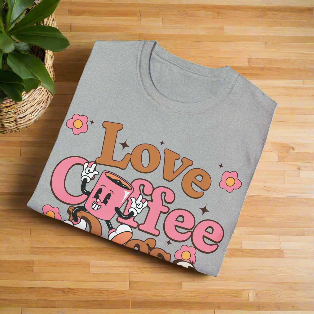 Sports Gray t-shirt with 'Love Coffee' design on a white background