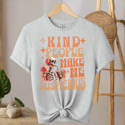 Gray t-shirt with skeleton graphic and text 'Kind people make me suspicious' on a white background