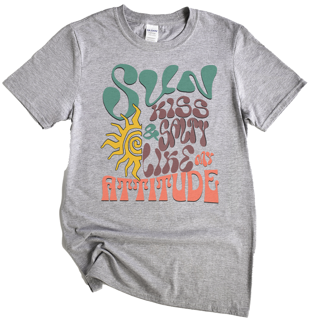 flat sportGrey t-shirt with colorful text and sun graphic on a white background