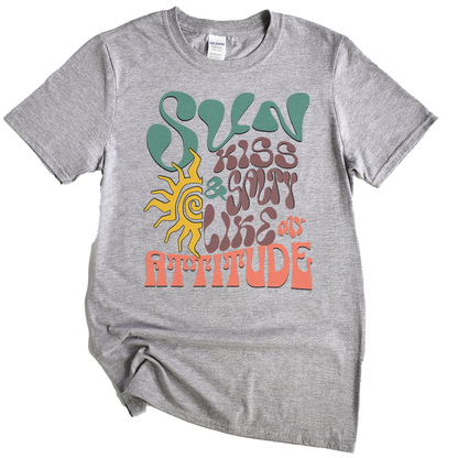 flat sportGrey t-shirt with colorful text and sun graphic on a white background