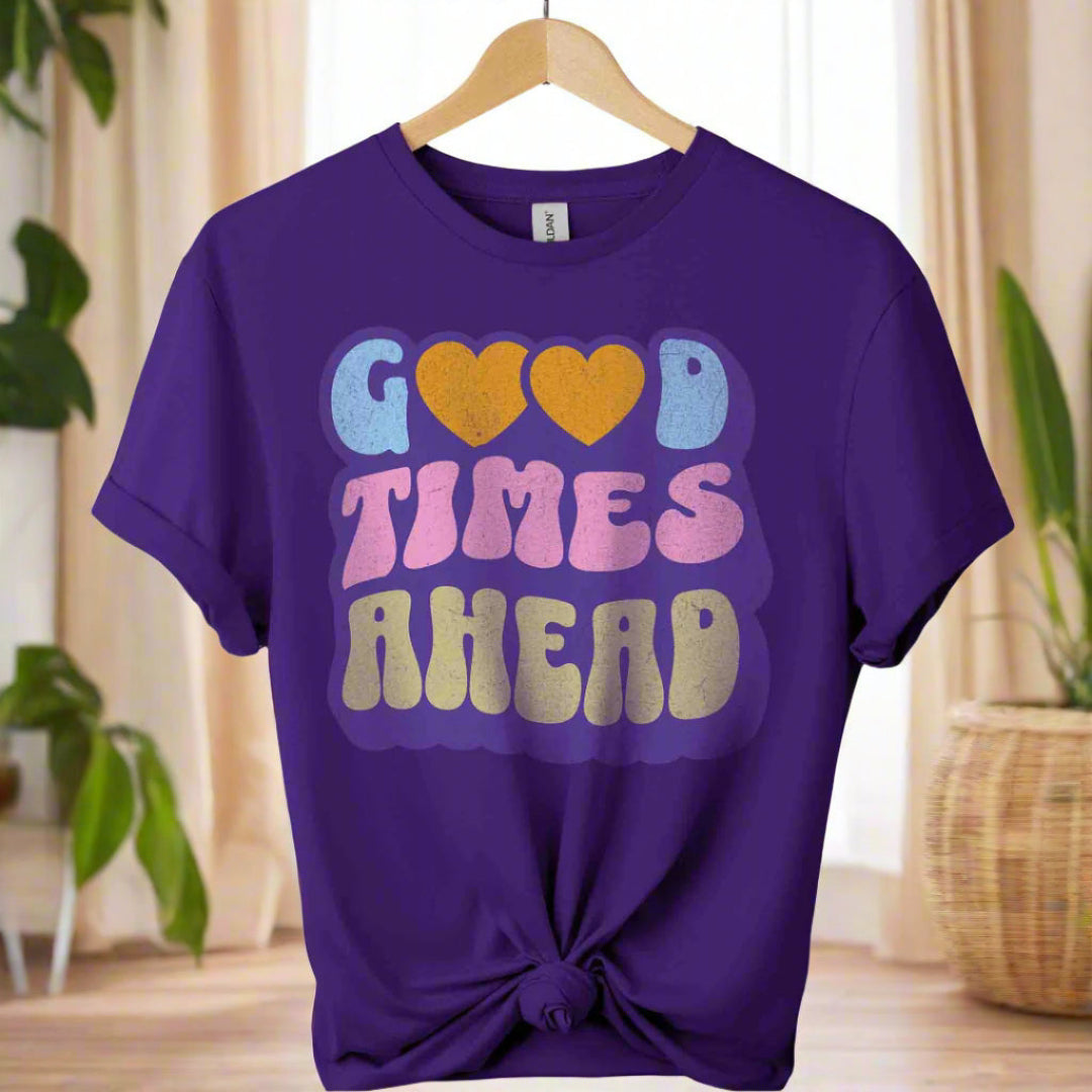 Boho t-shirts design With typography tees Good times ahead for men and women color Purple