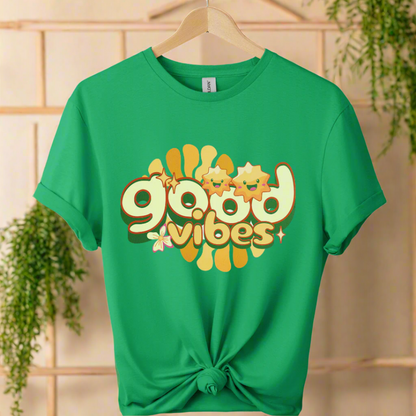 Premium shirt with good vibes graphic unique design 70,s & 80's design tees boho style color irish green