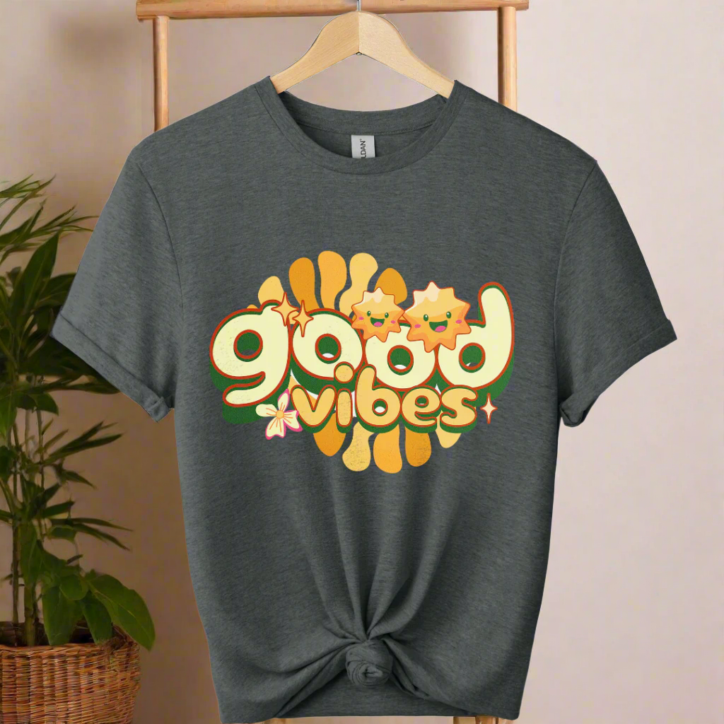 Premium shirt with good vibes graphic unique design 70,s & 80's design tees boho style color Darkheather