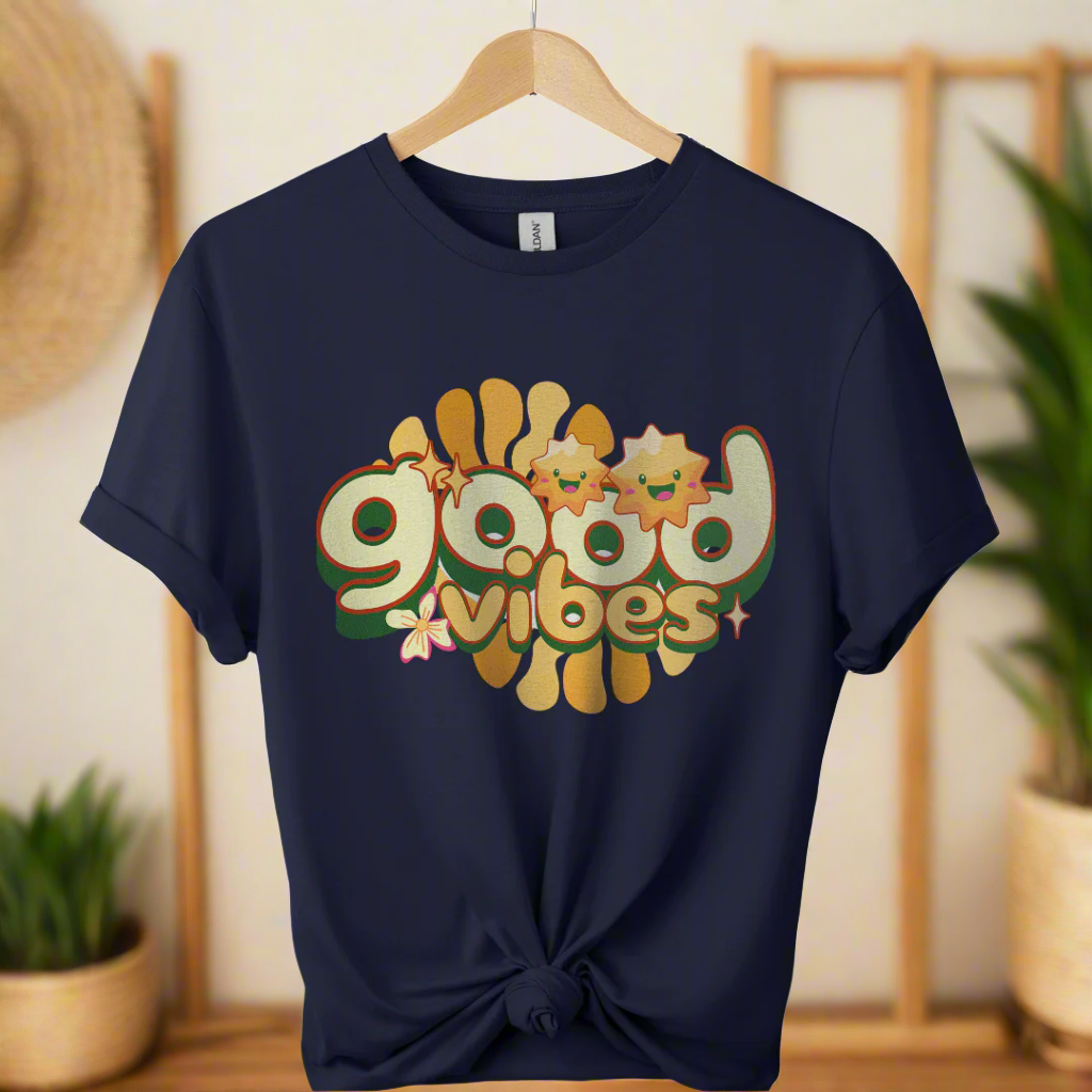 Premium shirt with good vibes graphic unique design 70,s & 80's design tees boho style color Navy