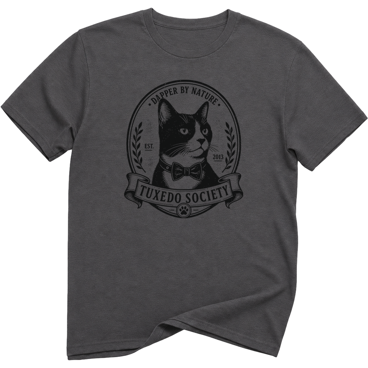 A charcoal color crewneck t-shirt featuring a black graphic print of a cat wearing a bow tie inside a circular emblem with the text 'TUXEDO SOCIETY' and 'A PEPPER BY NATURE'.