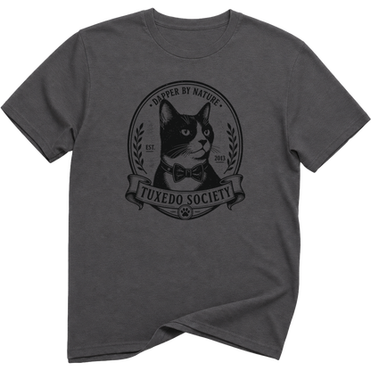 A charcoal color crewneck t-shirt featuring a black graphic print of a cat wearing a bow tie inside a circular emblem with the text 'TUXEDO SOCIETY' and 'A PEPPER BY NATURE'.