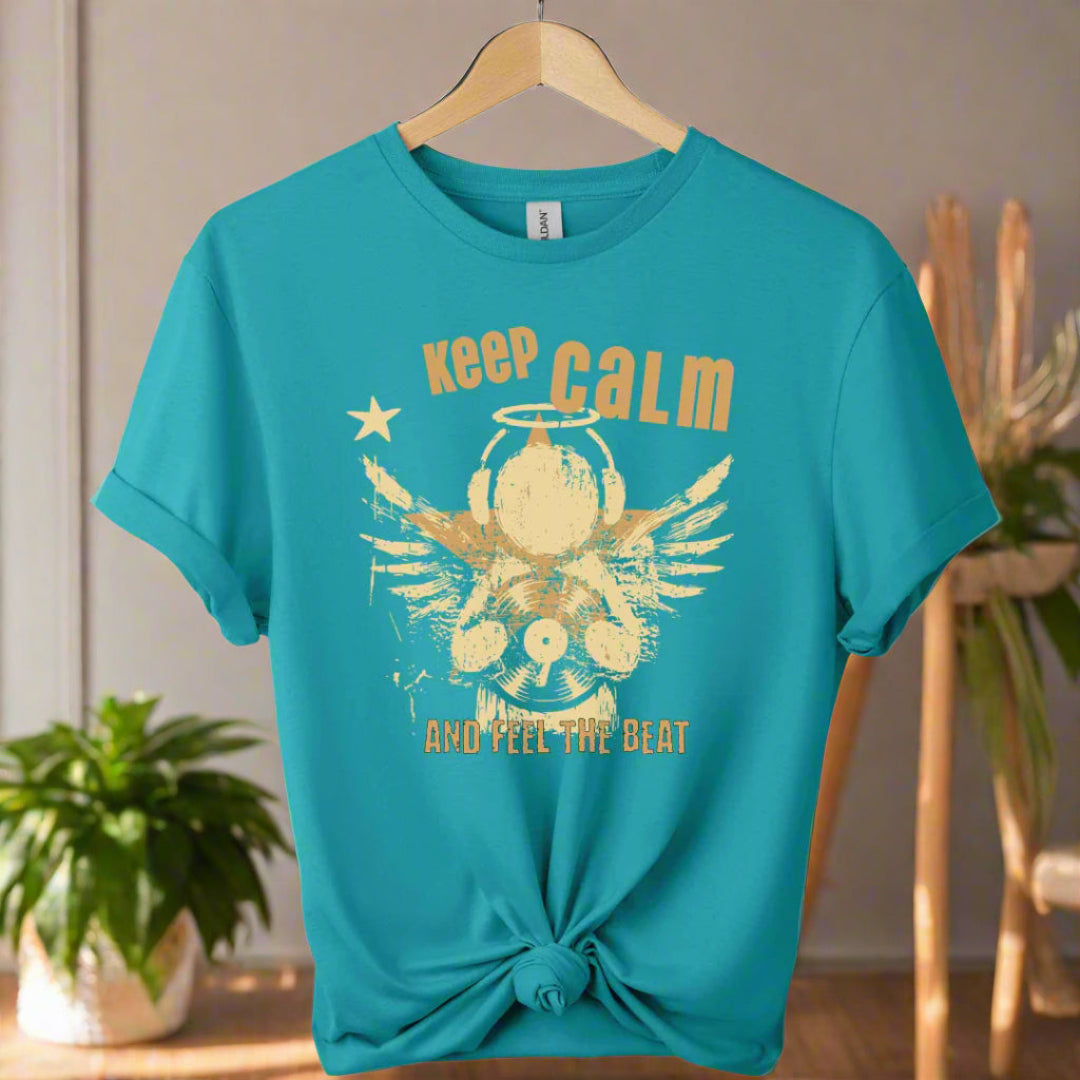 Unisex t shirts color Tropical blue front design typography "Keep calm" and feel the beat and angel with holding classic vinyl tape. 