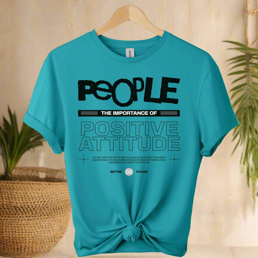 T-shirt with typography sign of people positive attitude boho inspired for adults color tropical blue