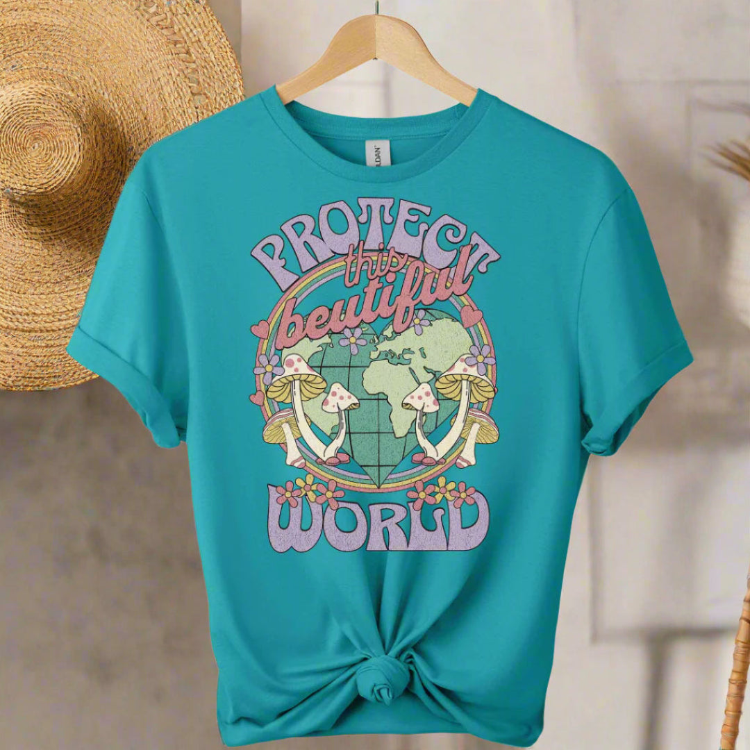 T-shirt front with color tropical blue and graphic world design ,typography that saying protect the world boho inspired for adults 