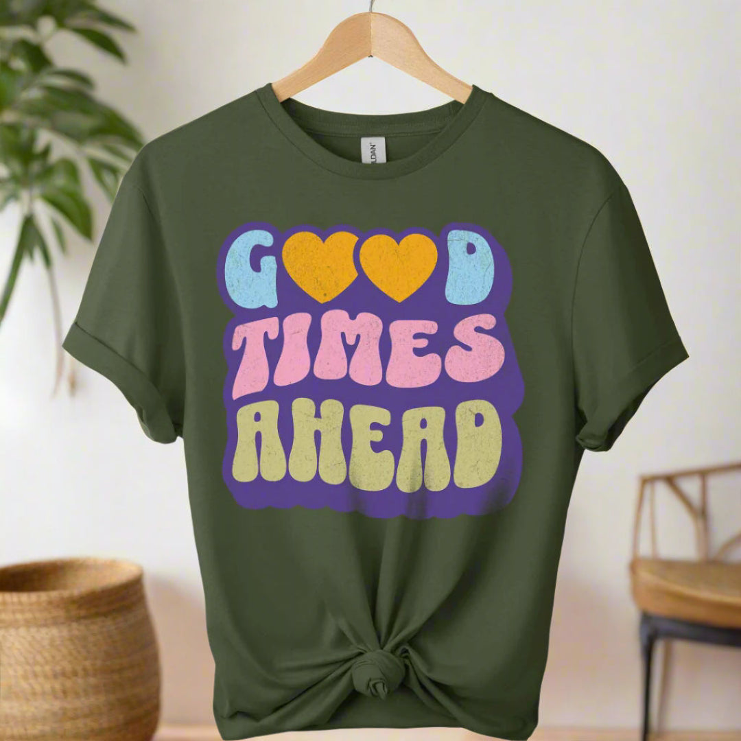 Boho t-shirts design With typography tees Good times ahead for men and women color Military green