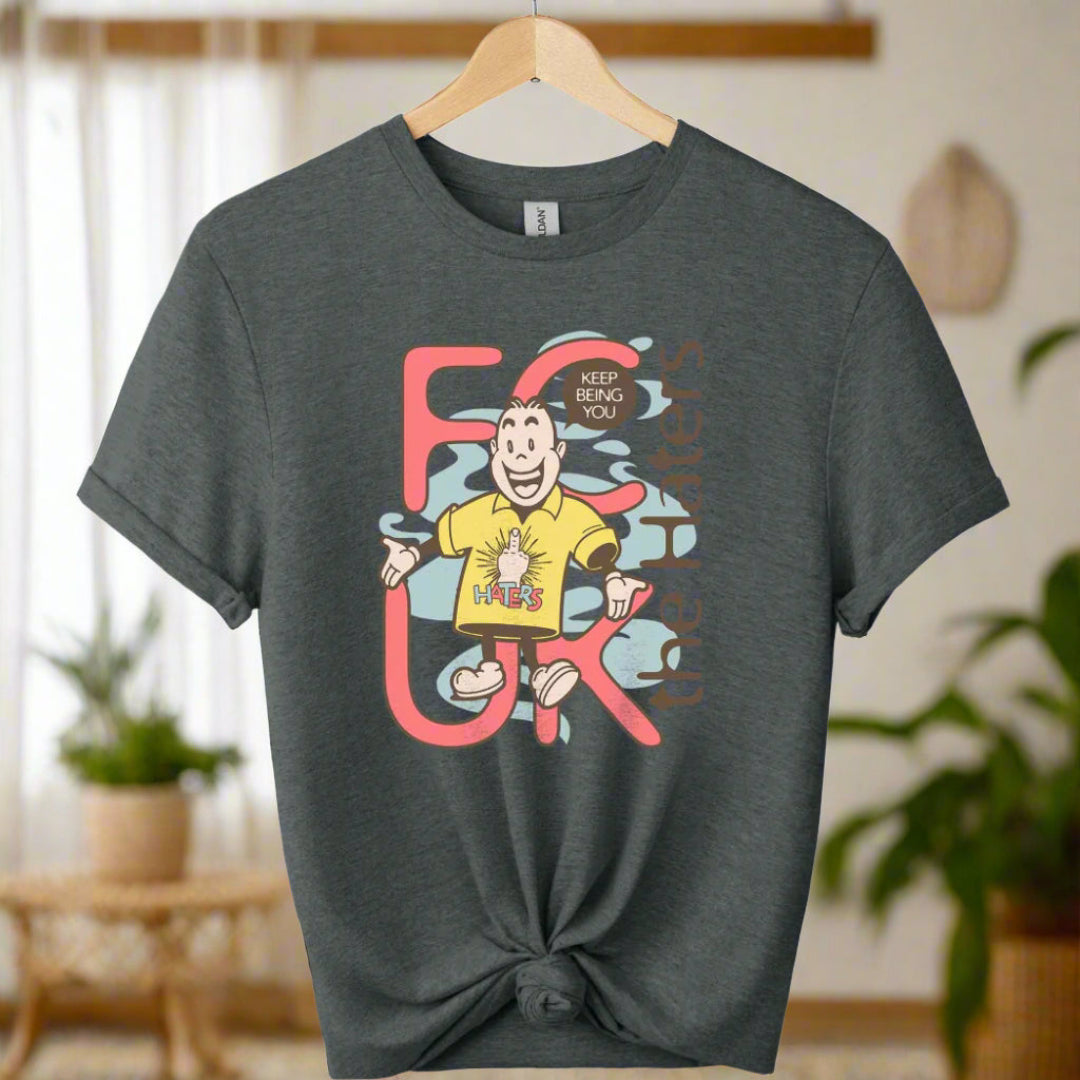 Boho t-shirts  design with cartoon graphic shirts and typography haters ,unisex color Dark heather