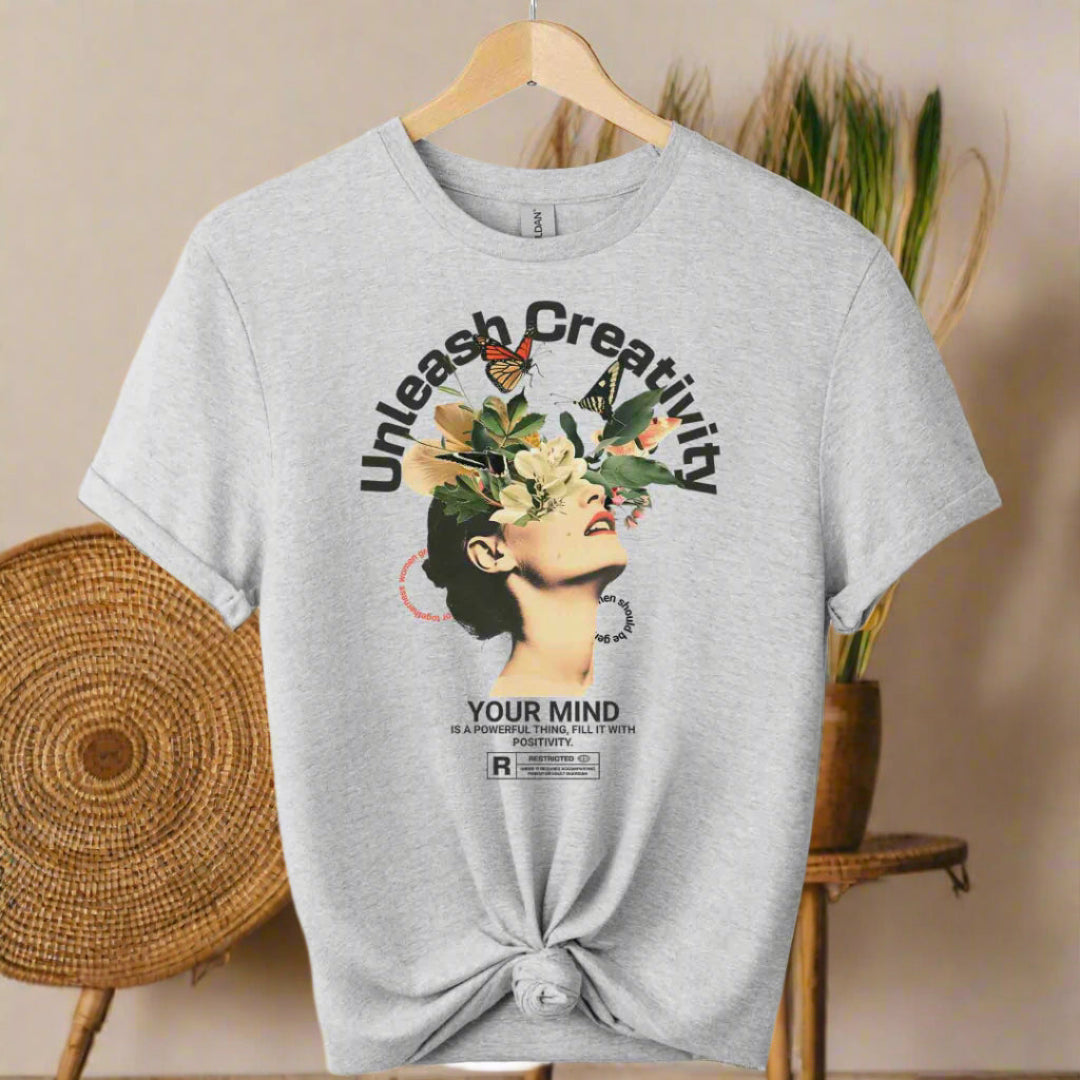 Unisex t-shirt boho style front with typography and graphic design  unleash creativity motivational inspired color  sports grey