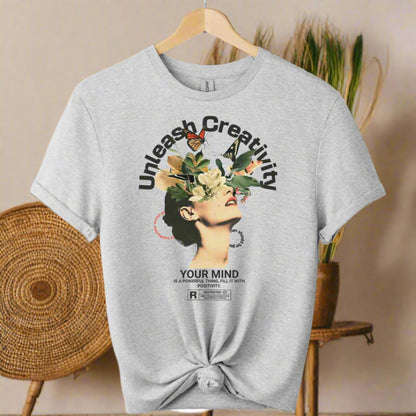 Unisex t-shirt boho style front with typography and graphic design  unleash creativity motivational inspired color  sports grey