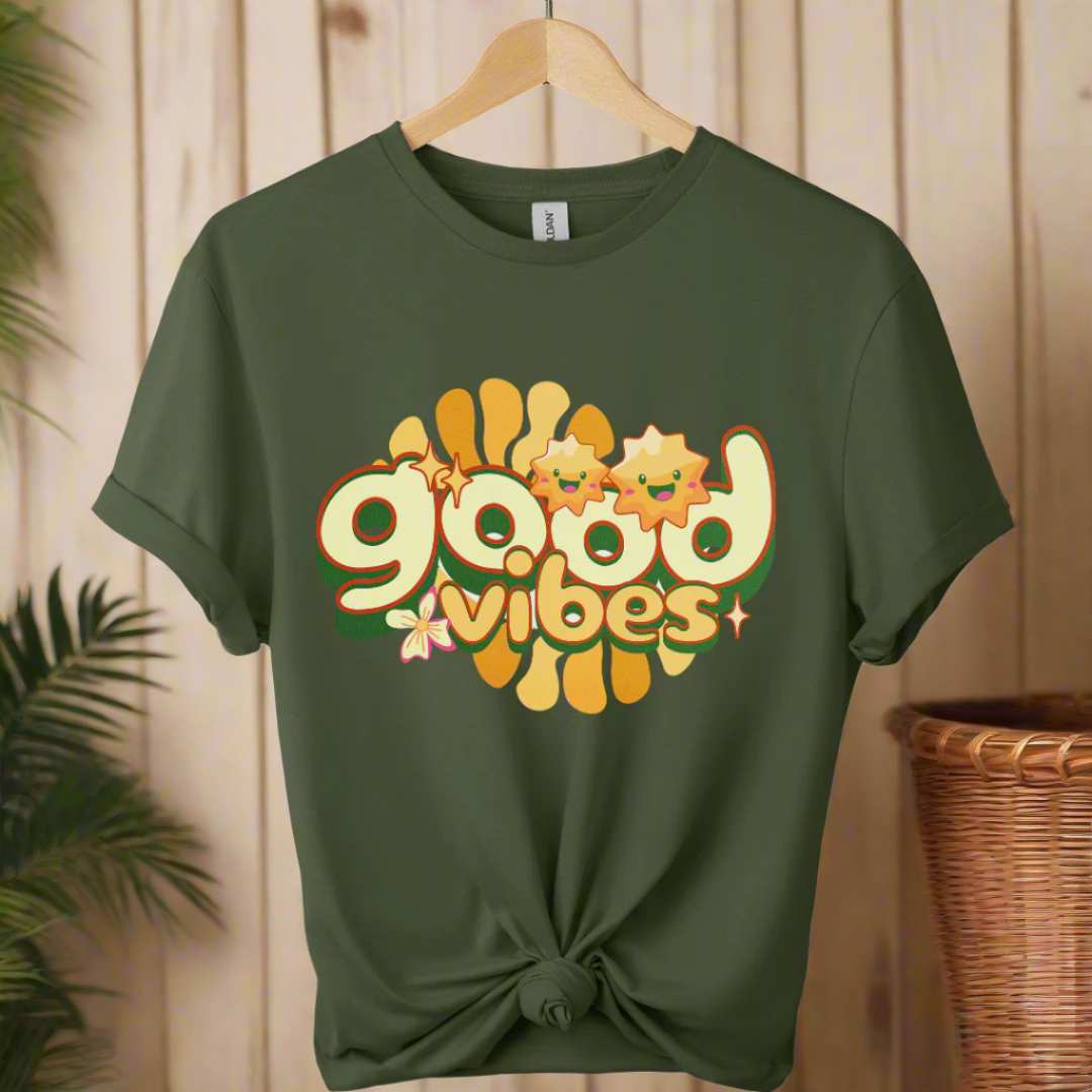 Premium shirt with good vibes graphic unique design 70,s & 80's design tees boho style color 