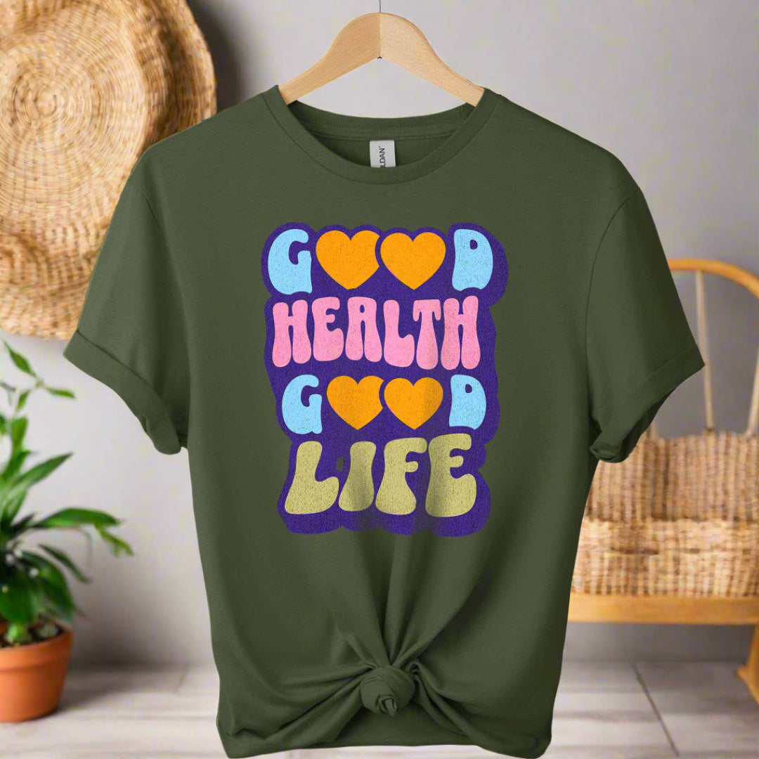 Front T-shirt with Good health typography Graphic tees top retro shirts with the color of military green