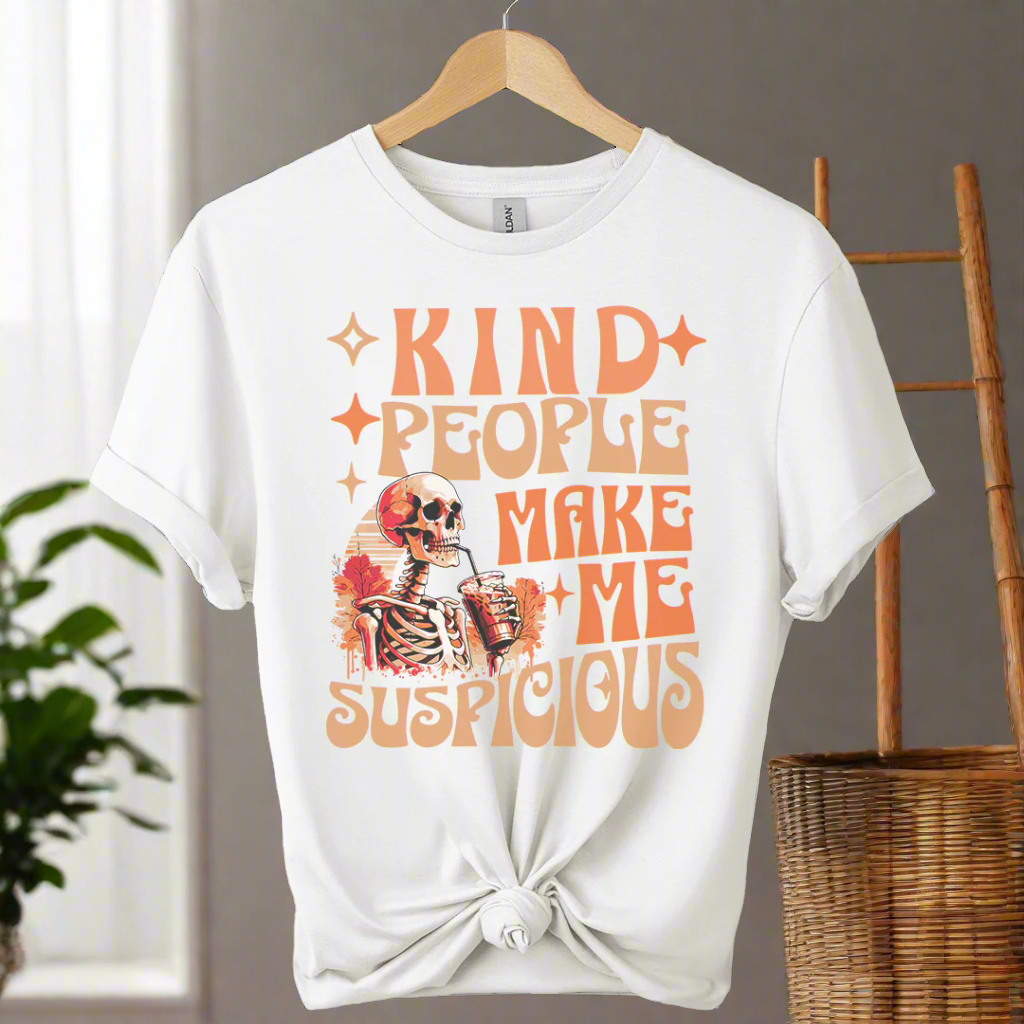 White t-shirt with a skeleton graphic and text on a hanger against a white background