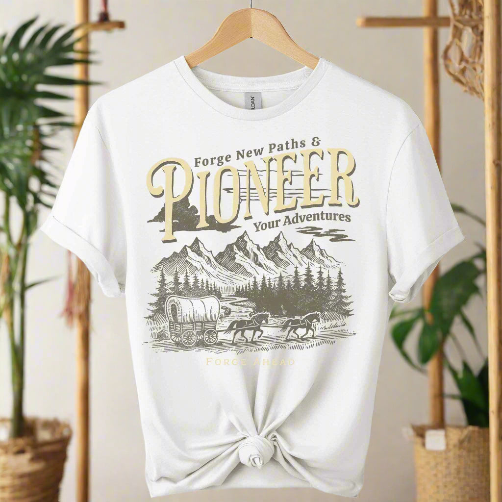 T-shirts for adults color white with graphics cowboy design and Pioneer typography boho inspired tees